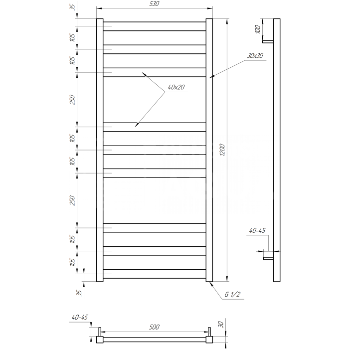 Полотенцесушитель Tristar flat Водяная 800x53x3