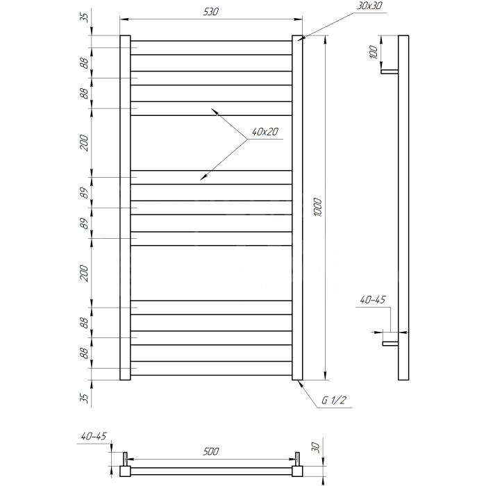 Полотенцесушитель Tristar flat Водяная 800x53x3