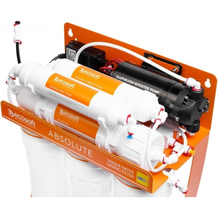 Фільтр зворотного осмосу Ecosoft Absolute з мінералізатором та помпою на станині, мембрана 75gpd DuPont, дренаж 1:1