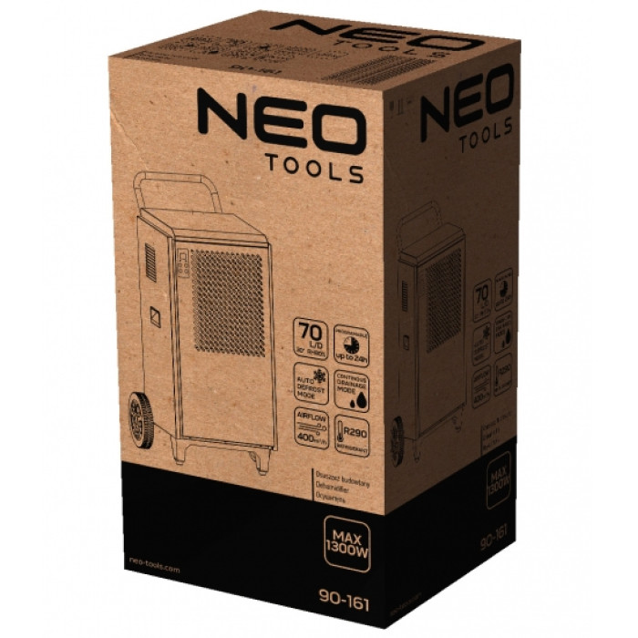 Neo Tools Осушувач повітря промисловий, 950Вт, 250м2, 400 м3/год, 70л/добу, безперервний злив, LCD дисплей, прогр.часу роботи, IP22