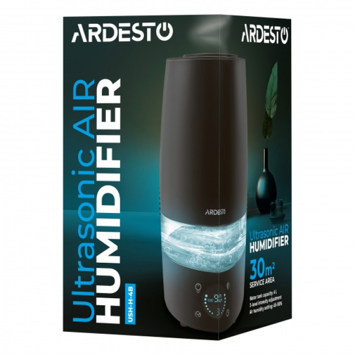ARDESTO Зволожувач повітря ультразвуковий, 30м2, 4л, 280мл/г, електр. кер-ння, пульт ДК, верх. залив води, дисплей, чорний