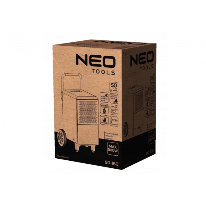 Neo Tools Осушувач повітря промисловий, 750Вт, 50л/добу, 180м кв, 300м куб/год, LCD дисплей, безперервний злив, прогр.часу роботи, IP22