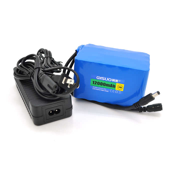 Аккумуляторная батарея литиевая QiSuo 24V 12A с элементами Li-ion 18650 + зарядное устройство 25.2V3A DC5.5x2.1, (110x76x67mm)