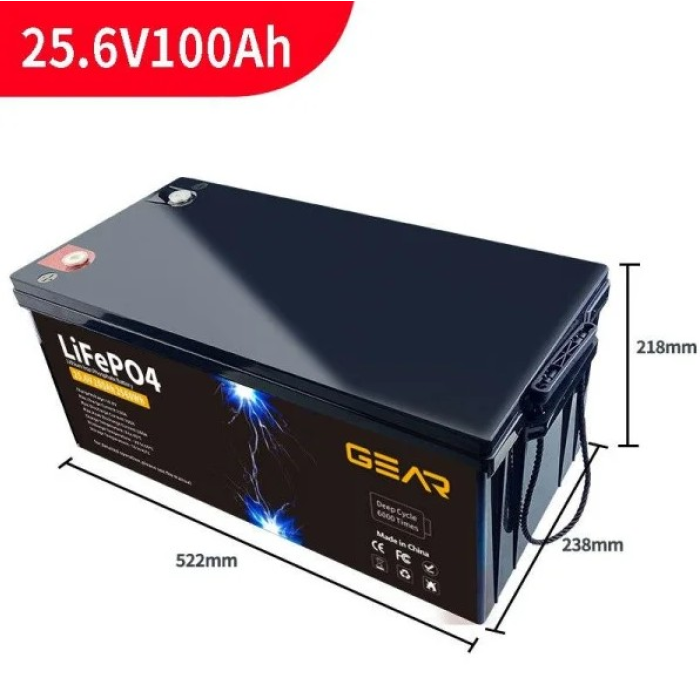 Литий-железо-фосфатный аккумулятор GEAR LiFePO4 25.6V 100AH (BMS-50A/100A), (522x328x218), 20.5kg до 6000 циклов, Q1