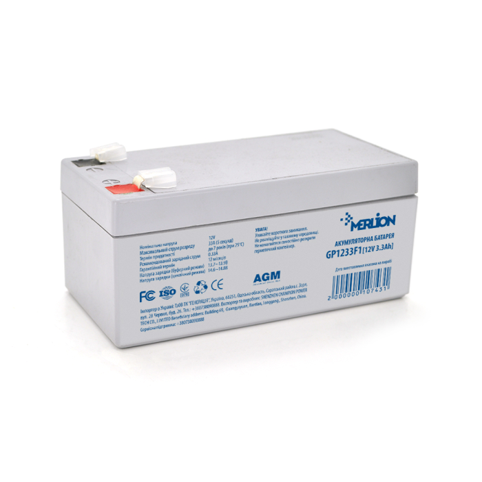 Аккумуляторная батарея MERLION AGM GP1233F1 12 V 3,3Ah ( 134 x 66 x 60 (65) ) Q10
