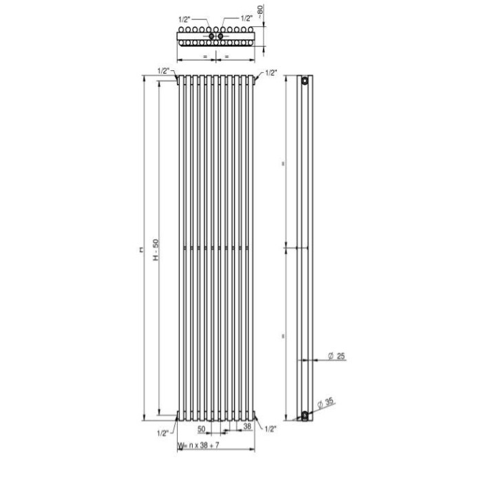 Радіатор дизайнерський Praktikum 2 H-1800 mm, L-275 mm  Betatherm нижнє підключення