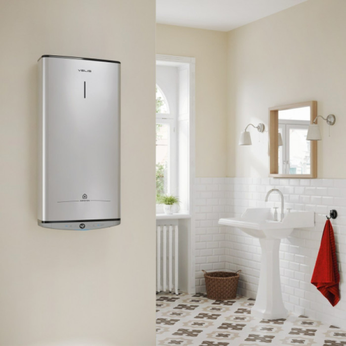 Ariston Водонагрівач електр. плаский слім VELIS TECH 80 EU, 80л, 2*1,5кВт, ун. монтаж, електр. кер-ння, B, Італія, Сірий