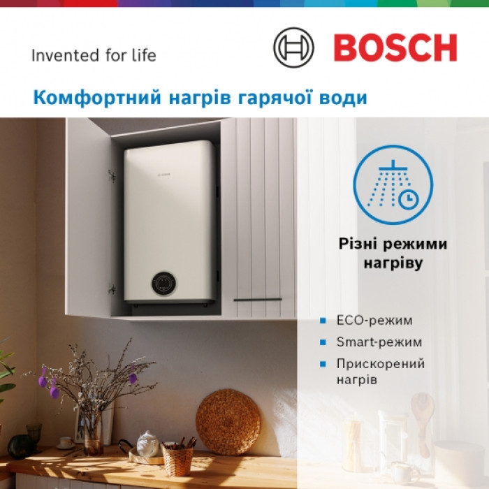 Bosch Водонагрівач електр. плаский слім Tronic 3500, 100л, 1.5кВт, ун. монтаж, електр. кер-ння, B, білий