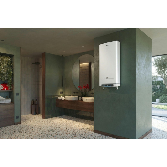 Ariston Водонагрівач електр. плаский слім VELIS PRO DRY WIFI 80 EU, 80л, 2*1,5кВт, сух тен, ун. монтаж, електр. кер-ння, B, Італія, Білий